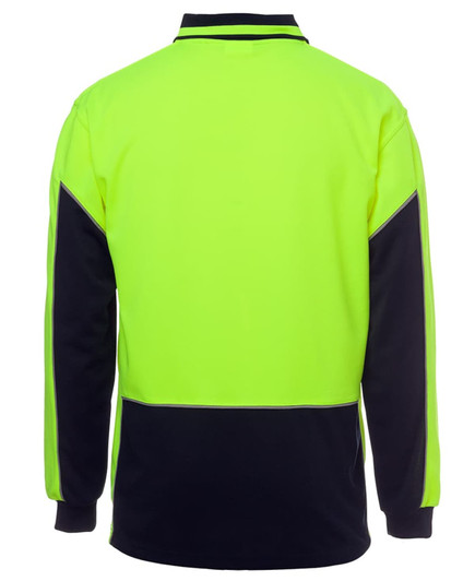 A long-sleeve polo shirt in fluorescent yellow with navy blue accents and a logo on the back.