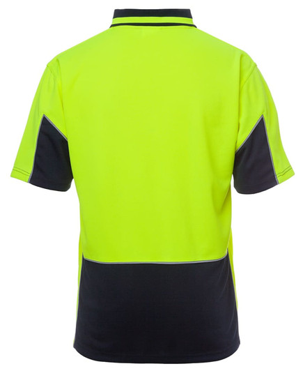 A high-visibility polo shirt featuring a bright yellow front and navy blue back, with a logo.