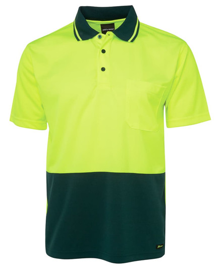 A work polo shirt in high visibility yellow and dark green, featuring a collar and a chest pocket.