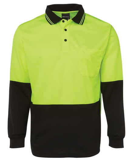 A long-sleeved polo shirt in bright yellow and black, featuring a pocket and a logo.