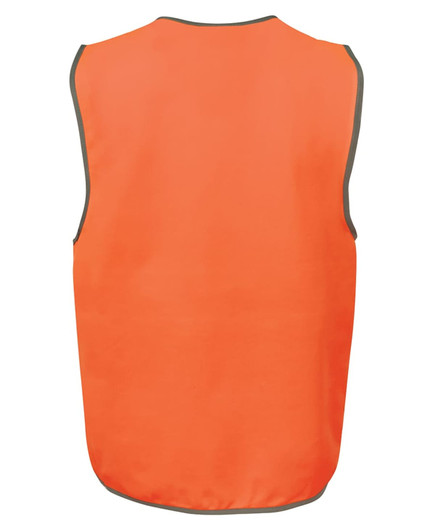 An orange safety vest with contrasting trim, featuring a logo. Ideal for visibility and safety.