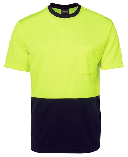 A high-visibility work t-shirt in bright yellow with a navy blue lower section and a pocket. It features a logo.