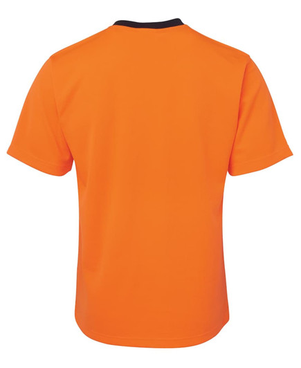 An orange work t-shirt with short sleeves and a black collar, featuring a logo on the back.