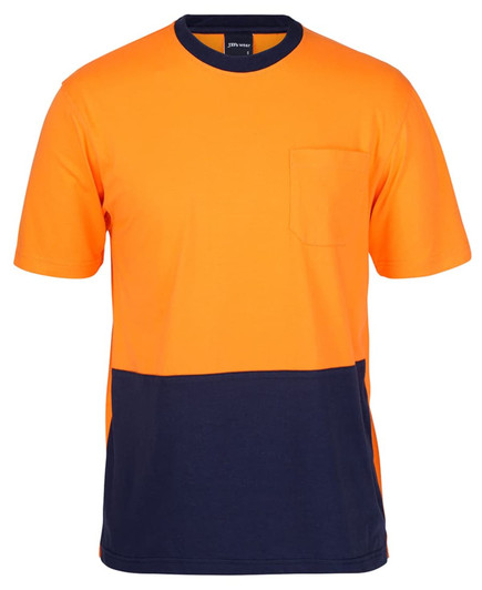 A crew neck cotton T-shirt featuring orange and navy blue colours, with a pocket on the front and a logo.