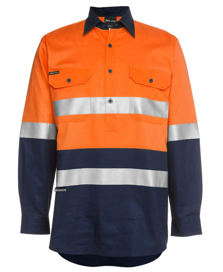 An orange and navy long-sleeved work shirt with reflective stripes and a logo. Features front pockets and a button closure.