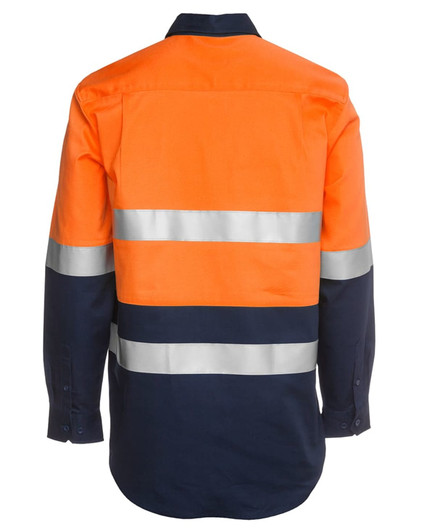 An orange and navy long-sleeve work shirt with reflective strips and a logo on the back.