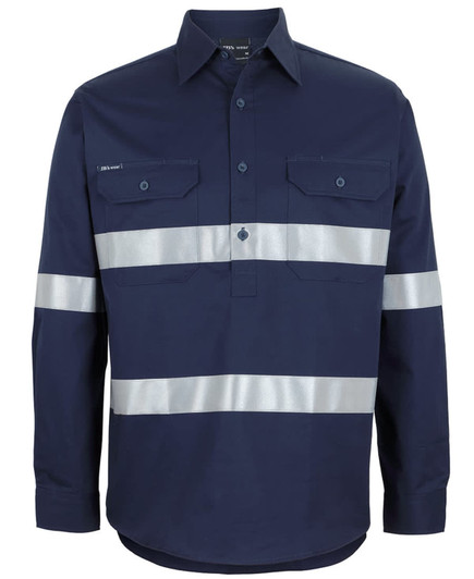 A navy long-sleeve work shirt featuring reflective tape and two front pockets, with a logo.