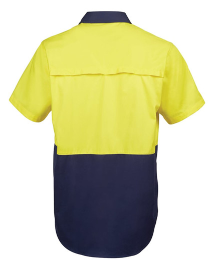 A short-sleeved work shirt in vivid yellow and navy, featuring a hidden pocket and brand logo.