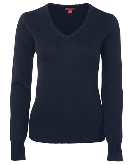 A dark navy ladies' knitted jumper featuring a V-neck and long sleeves. It has a subtle branding detail.