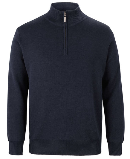 A dark navy knitted jumper featuring a half zip and long sleeves, designed for a corporate look.