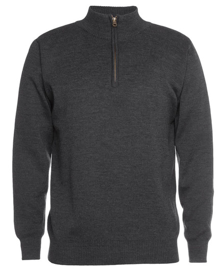 A grey knitted half-zip jumper featuring long sleeves and a high collar. It has a branding logo on it.