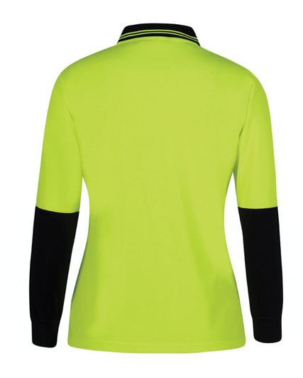 A lime green long-sleeve polo shirt with black sleeves and a collar featuring branding.