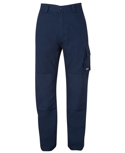 Navy cargo pants featuring multiple pockets and a logo. The design includes sturdy materials and a relaxed fit.