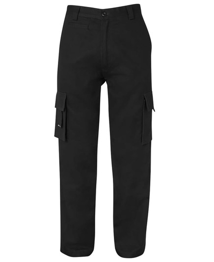 Black cargo pants featuring multiple pockets and a classic fit, with a logo on one of the pockets.