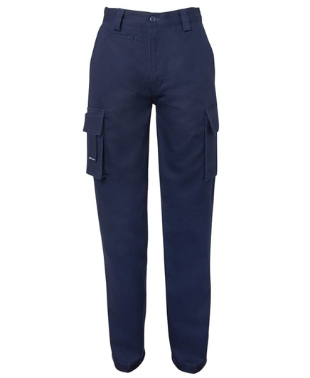 Navy cargo pants with multiple pockets and a straight cut design. Features a waistband with a button closure.