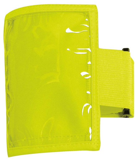 A bright yellow plastic pocket sleeve band with an elastic strap, designed for holding badges or identification.