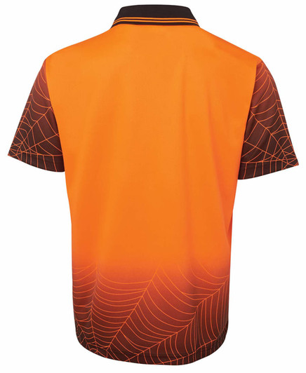A high visibility short-sleeve polo shirt in orange with a black spider web design. Features a collar and branding.