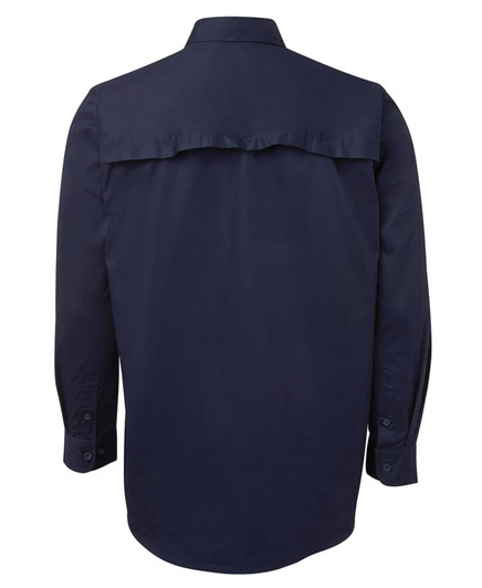 A long-sleeve work shirt in navy blue with a back yoke detail, featuring a buttoned collar and cuffs.