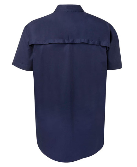 A navy short-sleeved work shirt with a back yoke detail and a logo on the side.