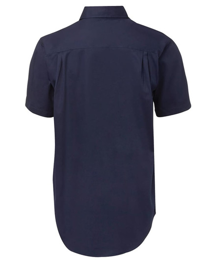 A navy short-sleeved work shirt with a back yoke and a curved hem, featuring a brand logo.
