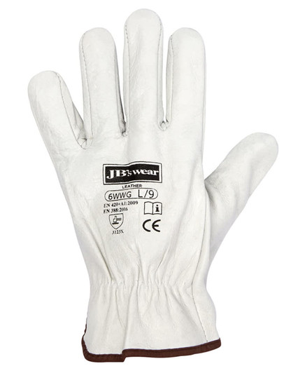 A white leather glove with a brown cuff, featuring a logo and several text details.