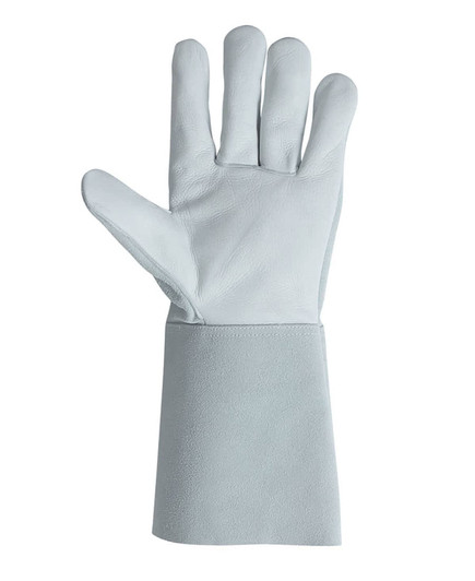 A light grey welder glove with a long wrist cuff, featuring a smooth leather finish and a branding logo.