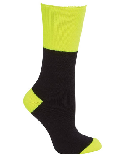 A black and high-vis yellow work sock with a reinforced toe and heel. Features a logo on the side.