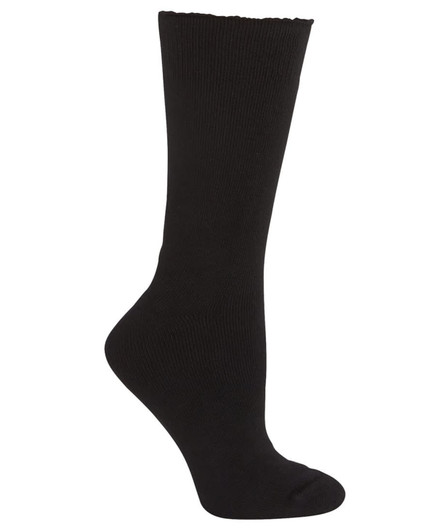 A black bamboo work sock featuring a ribbed design and a smooth finish. The sock has a logo on it.