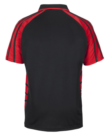 A polo shirt featuring a black body with red accents and a logo on the front.
