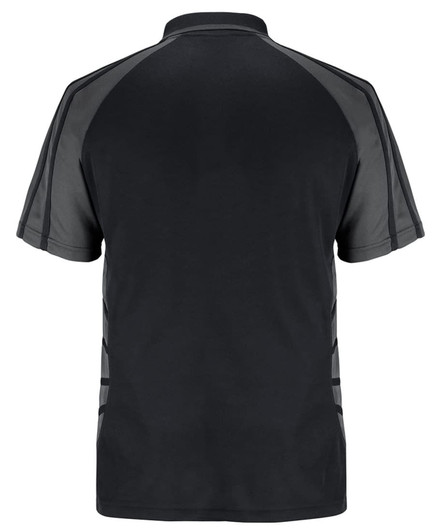 A black polo shirt featuring a sleek design with contrasting grey accents and a logo on the back.