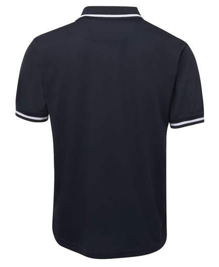 A sleek black polo shirt featuring contrasting trim and a logo. The back design is simple and stylish.