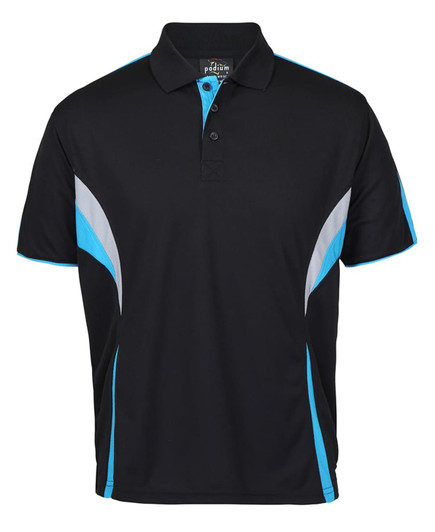 A black polo shirt featuring blue and grey accents, with a collar and a logo on the chest.