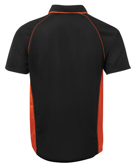 A black polo shirt with orange accents and a logo, featuring a classic collared design and short sleeves.