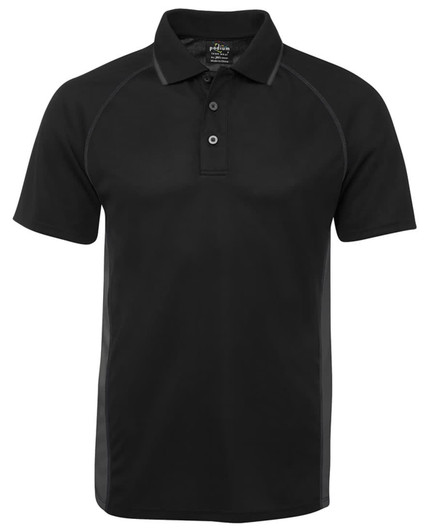 A black polo shirt with a classic collar and button placket, featuring raglan sleeves and a logo.