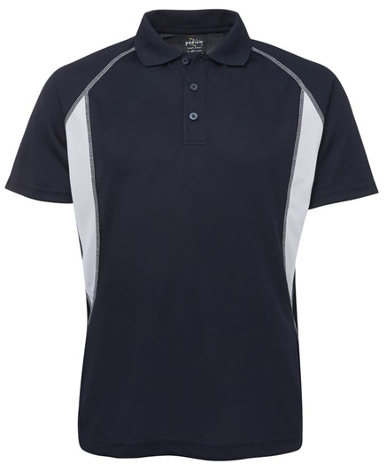 A navy polo shirt with grey side panels and a collar, featuring a logo on the chest.