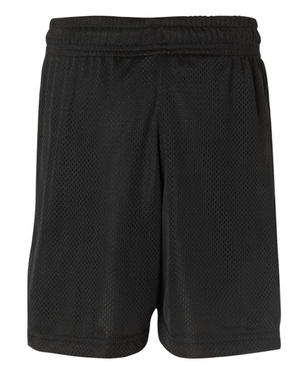 Black sports shorts made from a breathable mesh fabric, featuring an elastic waistband and a logo.