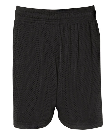 Black sports shorts featuring a breathable mesh design and an elastic waistband. Includes a branding logo.