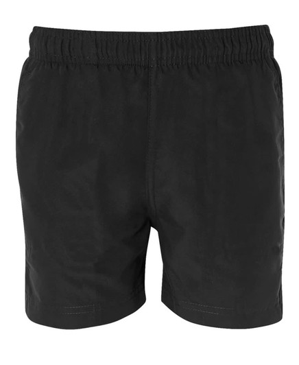Black sports shorts with an elastic waistband and a simple design, featuring a logo.