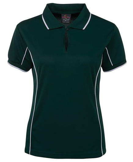 A dark green polo shirt with white piping, featuring a collar and short sleeves. It has a logo on the label.