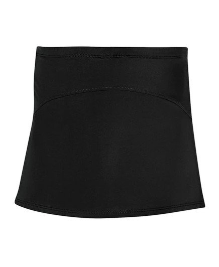 A black skort with a fitted design and a smooth finish, featuring a logo on the waistband.