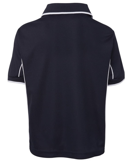 A navy polo shirt with white piping, featuring a collared neck and short sleeves, showing the back view.