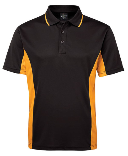 A black polo shirt with orange side panels, featuring a collar and a three-button placket. It has a logo.