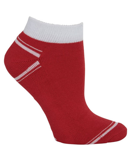 A red ankle sock with white accents and a ribbed cuff, part of a five-pack of socks.