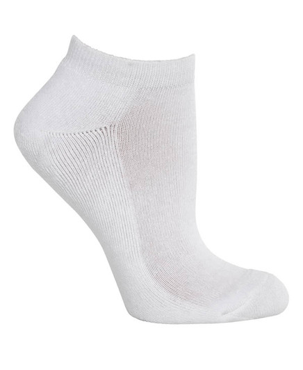 A white ankle sock with a smooth texture and fitted shape, featuring a slight logo.