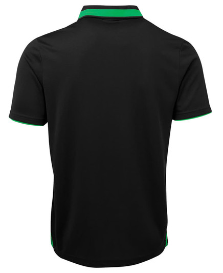 A black polo shirt with green detailing on the collar and sleeves, featuring a logo.