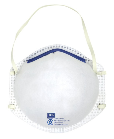 A white respirator mask with adjustable straps and a blue top. It includes a logo and has a rounded shape.