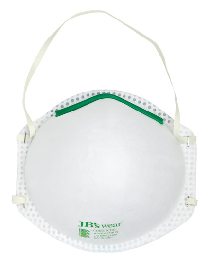 A white respirator mask with green accents and ear loops, featuring a logo. Suitable for health and personal use.
