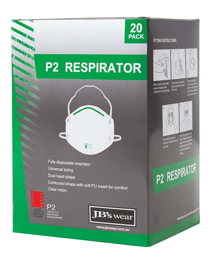 A green and white box containing 20 P2 respirators, featuring a logo and details about the product.