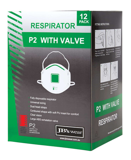 A green and white box containing 12 P2 respirators with valves, featuring a logo and product details.