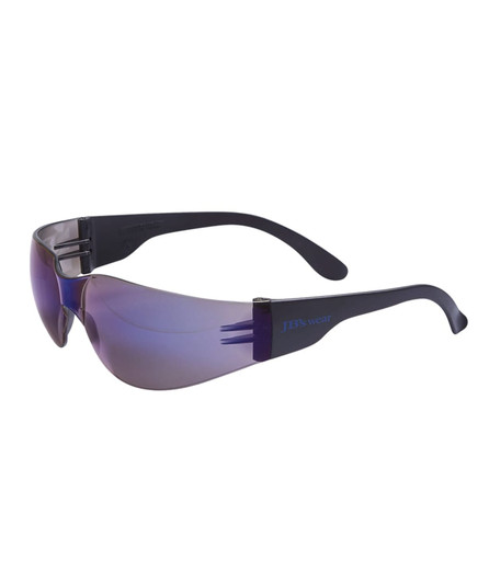 A pair of purple-tinted sunglasses with a sleek black frame, featuring a logo on the side.